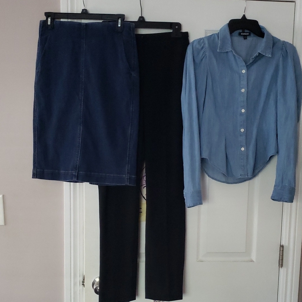 H&M Black Pants, Ann Taylor LOFT Pencil Skirt, EXPRESS Button Blouse